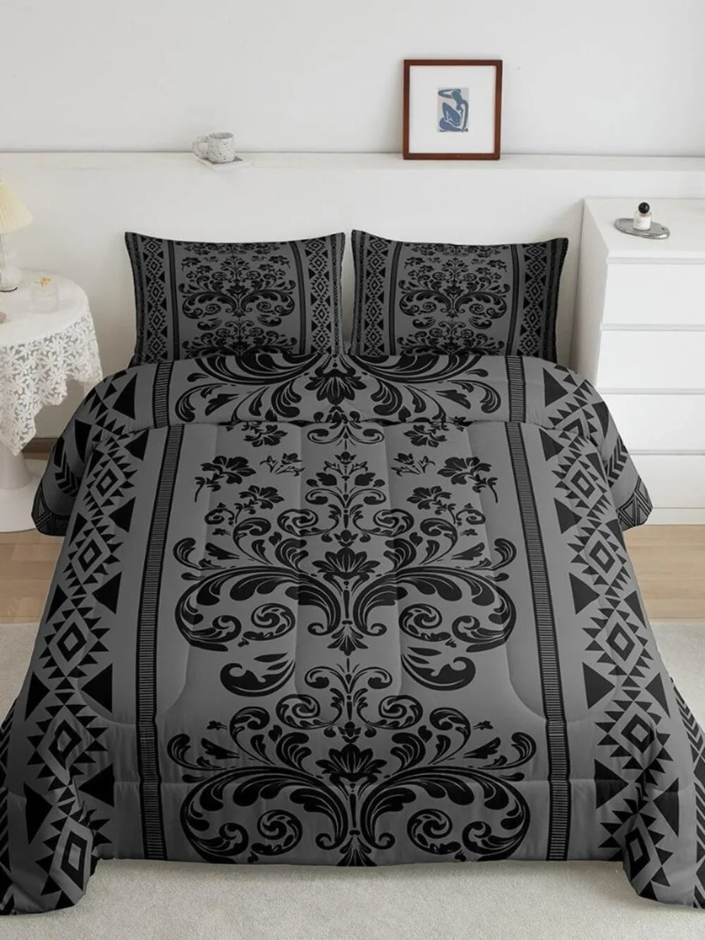 Comforter Set Twin Size,Grey Black Aztec Damask 2 Pcs Bedding for Kids and Adult